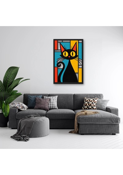 Vitray Panelde Siyah Kedi Metal Tablo 43x65 Cm Çok Renkli
