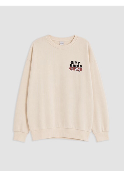 LC Waikiki Lcw Kids Bej Baskılı Erkek Çocuk Kalın Sweatshirt Lıght Beıge