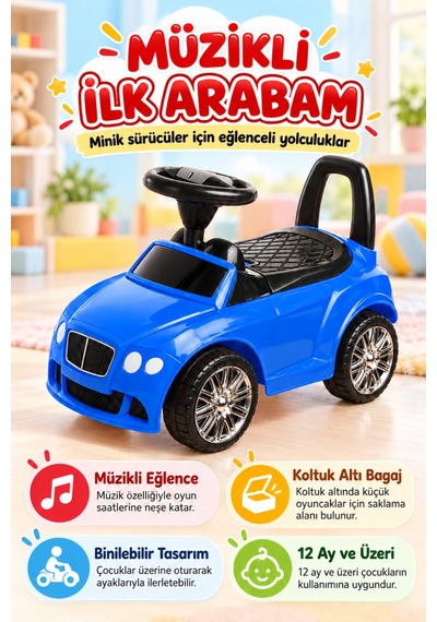 Müzikli İlk Arabam Koltuk Altı Bagajlı, Ayakla İtmeli Mavi Çocuk Arabası, 12 Ay+