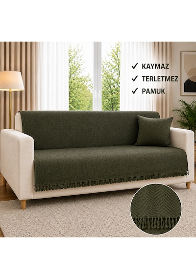 Sevhome Concept %100 Pamuk Kaymaz & Terletmez & Saçaklı & Yumuşak Koltuk Örtüsü-tek Ve Çift Kişilik Koltuklar İçin- 170 X 200 Cm Haki Yeşili