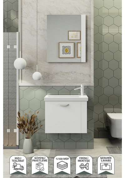 Biani Maxila 60 cm Banyo Dolabı,Seramik Lavabolu, Aynalı,Lavabo Dahil,Mdf,Beyaz Biani Maxila 60 cm Banyo Dolabı,Seramik Lavabolu, Aynalı,Lavabo Dahil,Mdf,Beyaz