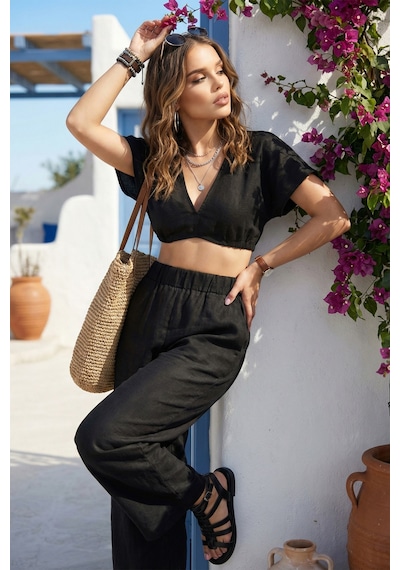 Fashion Cocktail Relax İnce Keten Bel Lastikli Pantolon Sırt Lastikli Damla Model Göbek Açık Bohem Crop Yazlık Takım Siyah Fashion Cocktail Relax İnce Keten Bel Lastikli Pantolon Sırt Lastikli Damla Model Göbek Açık Bohem Crop Yazlık Takım Siyah