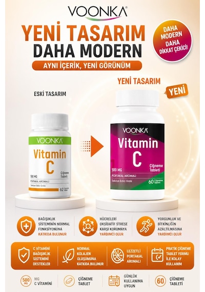Voonka Vitamin C Çiğneme Tableti Vitamin C İçeren Portakal Aromalı 60 Tablet 2 Adet