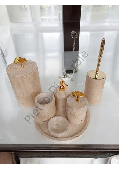 Sarı Traverten Klasik Model 7 Parça Gold Renk Japon Gülü Aksesuarlı Banyo Seti Sarı Traverten