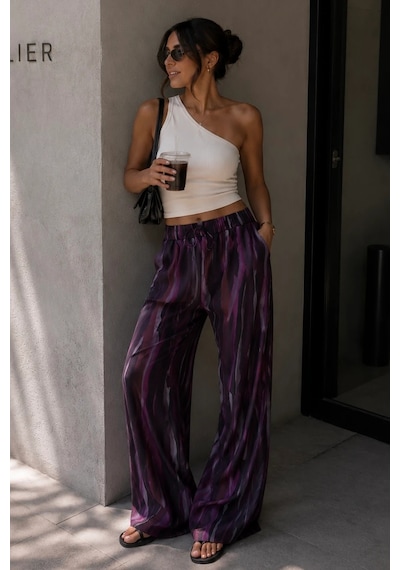 Bbbutikbasic Desenli Bol Paça Viskon Pantolon Günlük Şık Kadın Pantolon My3535 Mor