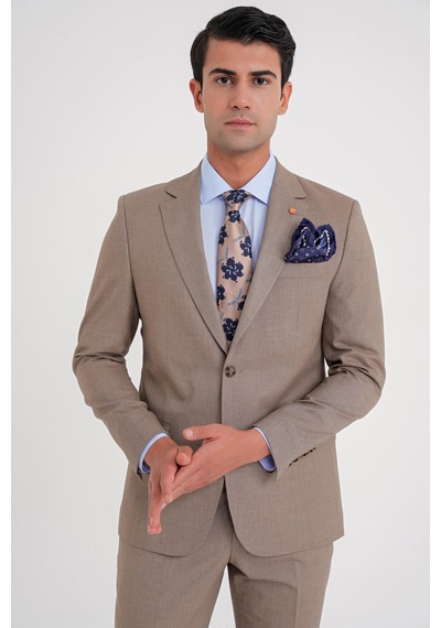 Efor Slim Fit Çift Yırtmaç Esnek Yün Vizon Takım Elbise Tk 918 Vizon