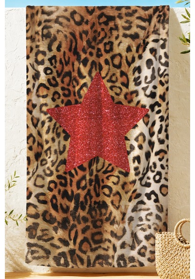 Leopar Yıldız Plaj Havlusu - Bohem Kırmızı Kahverengi Havuz Deniz Hızlı Kuruyan Mikrofiber Havlu Sakin Porselen