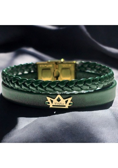 Yıldız İsmine Özel Taç Figürlü 14 Ayar Altın Plakalı Koyu Yeşil Derili Hediye Bileklik-494isim Yıldız Yıldız İsmine Özel Taç Figürlü 14 Ayar Altın Plakalı Koyu Yeşil Derili Hediye Bileklik-494isim Yıldız