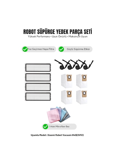Robot Vacuum H40 Ov51 İle Uyumlu 4 Yan Fırça 4 Filtre 4 Toz Torbası 1 Temizlik Bezi 14.0