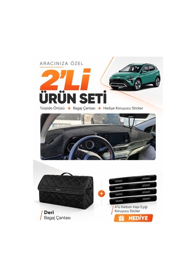 E-biz Hyundai Bayon 2021-2026 Uyumlu Torpido Örtüsü + Deri Bagaj Çantası Seti - Siyah - Hu012