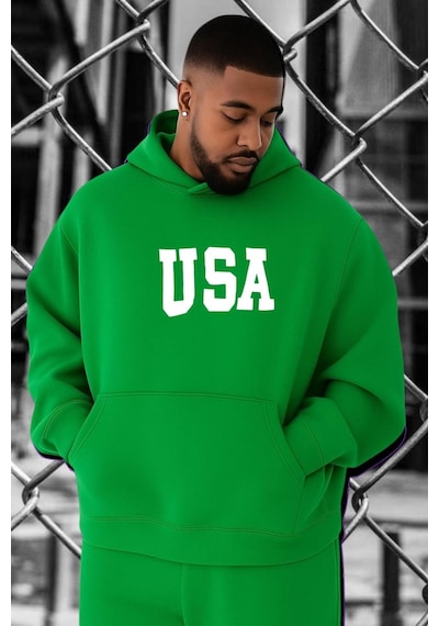 Benroma 3 İplik Penye Usa Baskılı Büyük Beden Sweatshırt Yeşil
