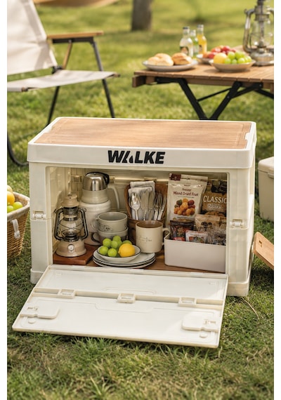 Walke Campbox Katlanabilir Kamp Masası Ve Saklama Kutusu 50x38 Cm Ahşap Kapaklı Bej