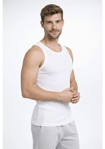 Novalisse Erkek Fitilli Atlet Sıfır Yaka Slim Fit Arka Baskılı Spor Atlet - Beyaz Çoklu Renk