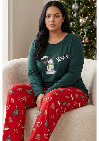 Siyah İnci Pamuklu Likralı Büyük Beden Battal Boy Örme Pijama Takım 26240933 Yeşil