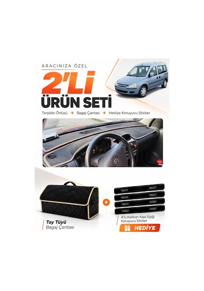 E-biz Opel Combo C 2001-2011 Uyumlu Torpido Örtüsü + Tay Tüyü Bagaj Çantası - Siyah-bej - Op007