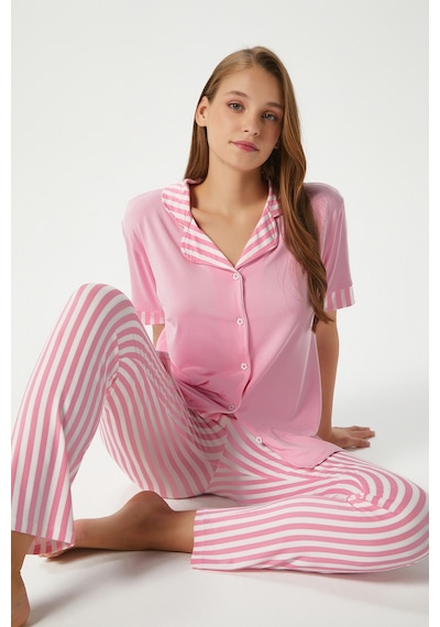 Ritnice Kadın Elena Yumuşak Doku Pembe Çizgili Ön Düğme Kısa Kollu Pijama Takımı