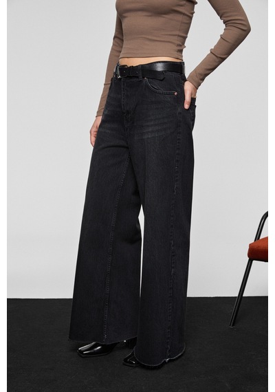 Grimelange Pıedra Kadın %100 Pamuk Geniş Paça Paçası Dikişsiz Bitişli Denim Siyah Jeans Siyah