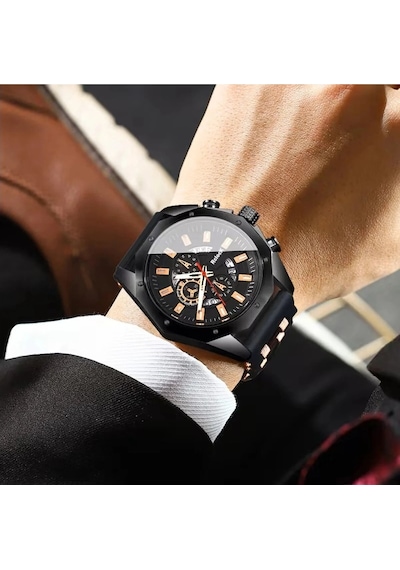 Iron Black Erkek Kol Saati Siyah Rose Gold Detaylı Şık & Modern Tasarım Hediyelik Diğer