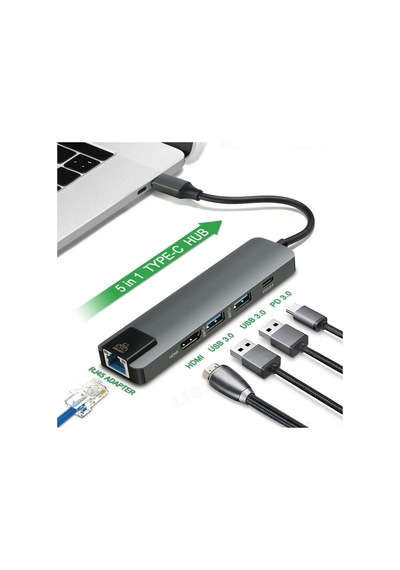 Type C To Pd+ssx2+hdtv+type C+rj45 Çevirici Adapter 5 Port