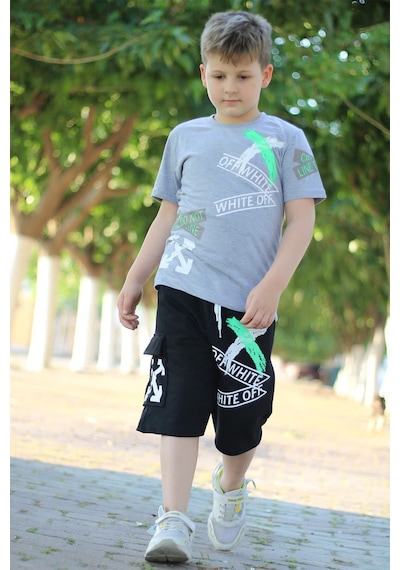 Off White Yazı Baskılı Kaprili Erkek Alt-üst Takımı Beyaz - Siyah