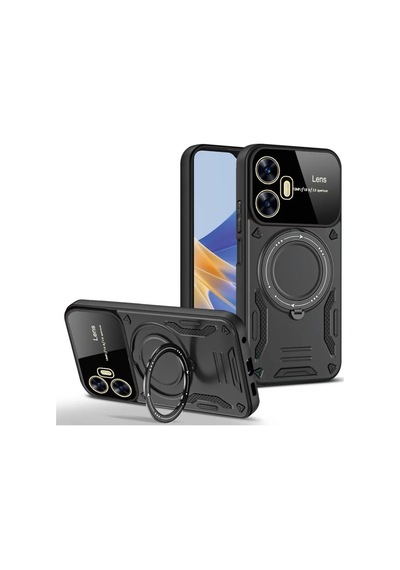 Realme C55 Kılıf Manyetik Standlı Joy Lens Premium Tank Silikon Kapak - Siyah Siyah