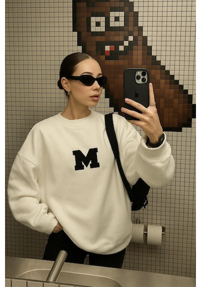Benroma 3 İplik Penye M Baskılı Unisex Sweatshırt Beyaz