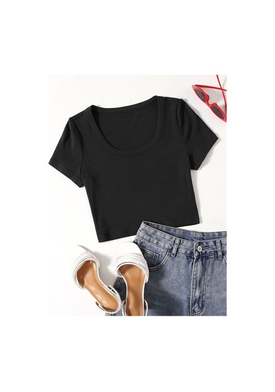Liona U Yaka Siyah Renk Fitilli Kısa Kollu Regular Crop Top Bluz Siyah