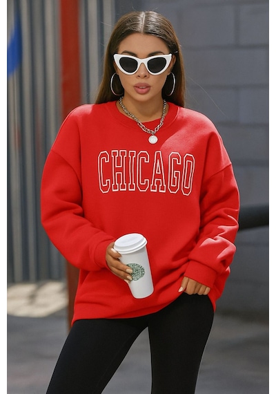 Benroma 3 İplik Penye Chıcago Baskılı Unisex Sweatshırt Kırmızı