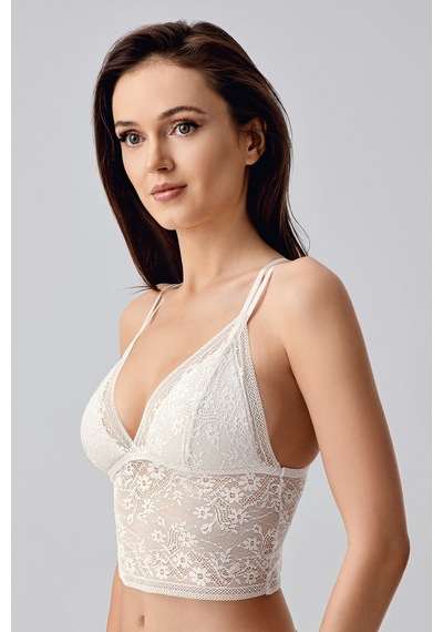 New Bra Çiçek Motifli Uzun Dantel Crop Bralet Ekru 8329