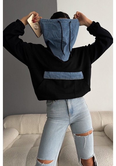 Femelle Kot Garnili Kapüşonlu Tasarım Sweatshirt siyah