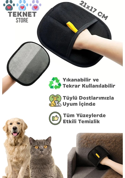 Teknetstore Kedi Köpek Tüy Toplayıcı Yıkanabilir Statik Eldiven Koltuk Halı Elbise Tüy Temizleme Aparatı 2'li