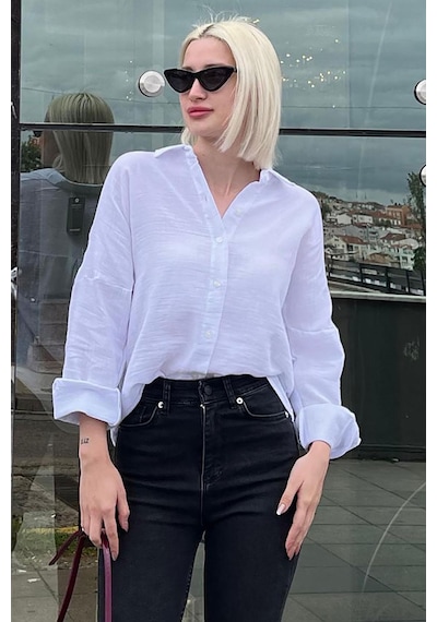 Madmext Beyaz Muslin Kumaş Basic Kadın Gömlek Mg1660 Beyaz