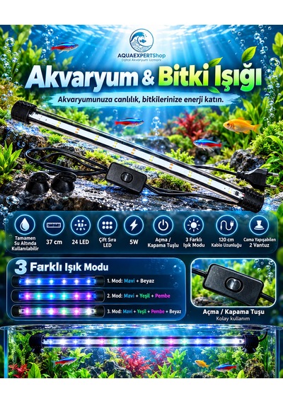Akvaryum Işığı - Balık Işığı - Bitki Işığı - 37 Cm - 24 Led - Tamamen Su İçinde Kullanılabilir - 3 Modlu - 5w - Mükemmel Işık