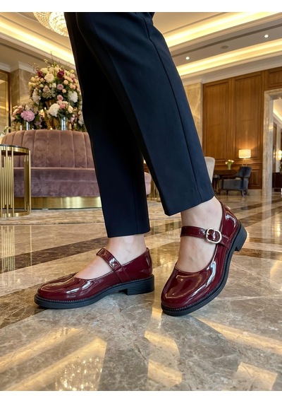 Nesilshoes Nesil Shoes Süha 250 Bordo Rugan Tokalı Balerin Kadın Babet