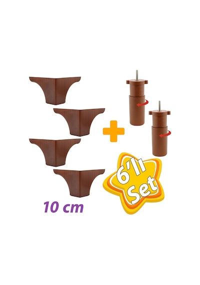 Açelya 6'lı Set 10 Cm Ceviz Mobilya Ünite Çekyat Koltuk Kanepe Ayağı 9.5 X 14.5 Cm Ayarlı M8 Destek Baza Ayak