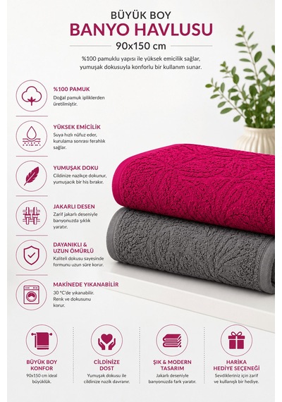 2'li Jakarlı Büyük Boy Banyo Havlusu 90x150 Cm %100 Pamuk Lorea 650 Gr Fuşya-gri