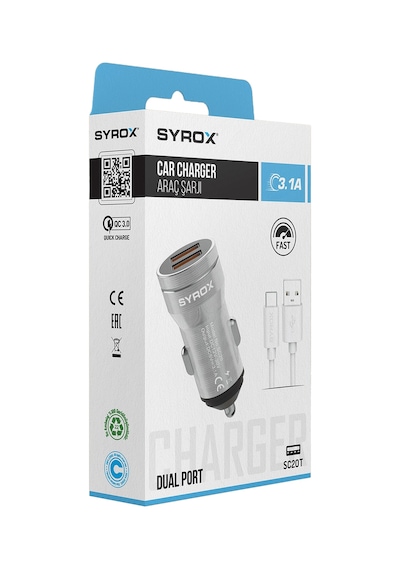 Syrox Sc20t 3.1a Q.c. 3.0 1mt Usb-a - Type-c Kablolu 2xusb-a Port Çıkışlı Hızlı Araç Şarj Cihazı - Siyah