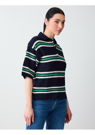 Jimmy Key Lacivert Polo Yaka Kısa Kollu Çizgili Triko Bluz 6sw035688494