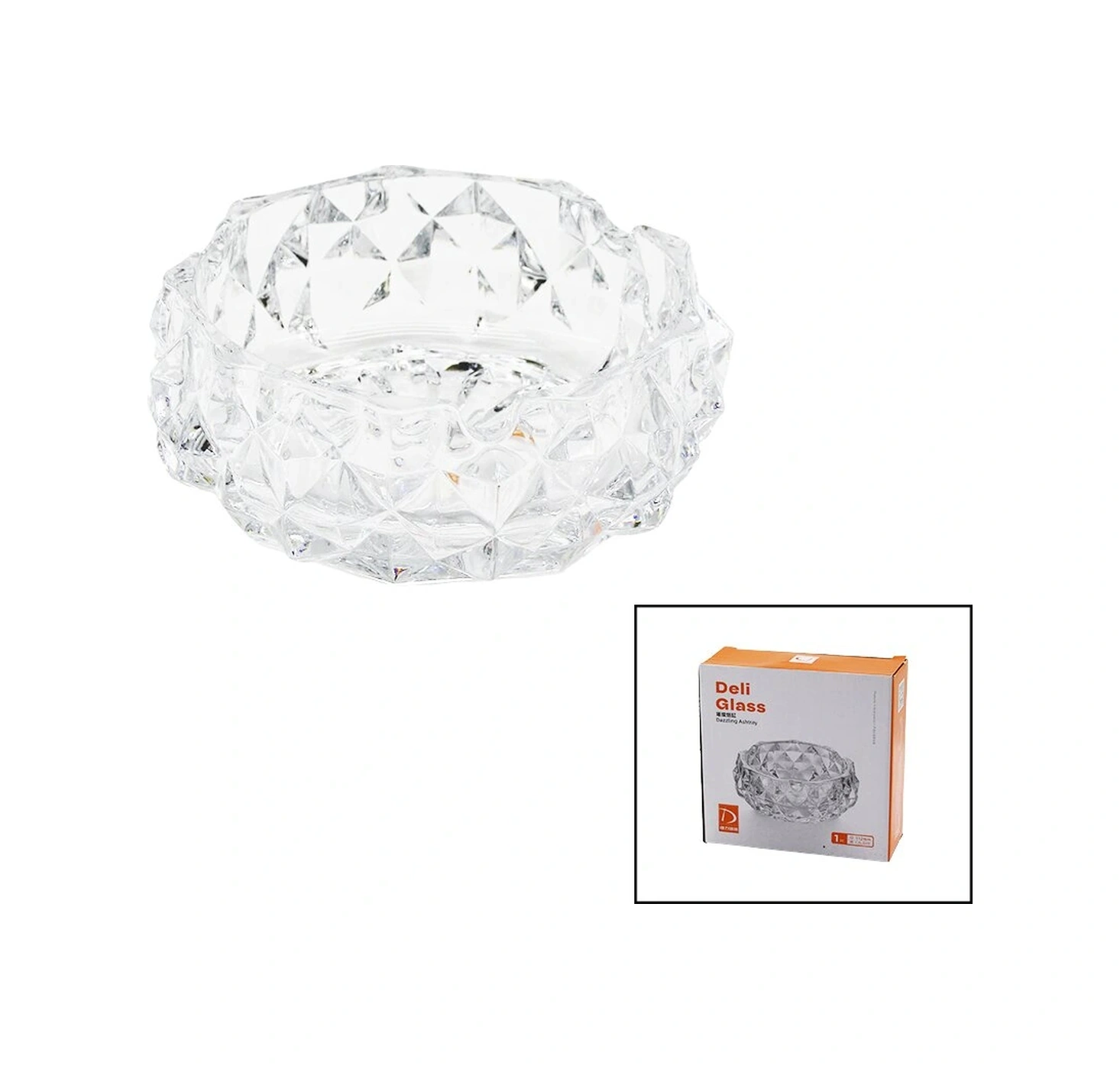 Büyük Cam - Dıamond Kristal Şekil Yuvarlak Küllük Çap: 12.8cm - D: 5.2cm