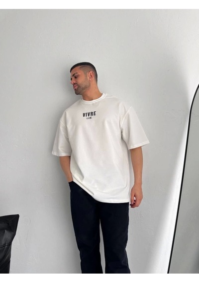Modi Baskılı Oversize Bisiklet Yaka T-shirt - Beyaz Açık Beyaz