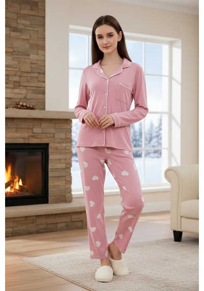 Remsa Kadın Kalp Desenli Önü Düğmeli Yumuşak Milan Kumaş Pijama Takımı 250376 Pembe02 Pembe