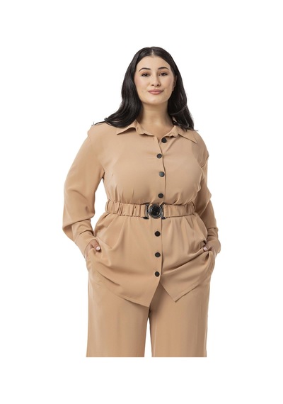 Disentis Büyük Beden Beli Kemerli Gömlek Pantolon Camel İkili Takım-camel Camel