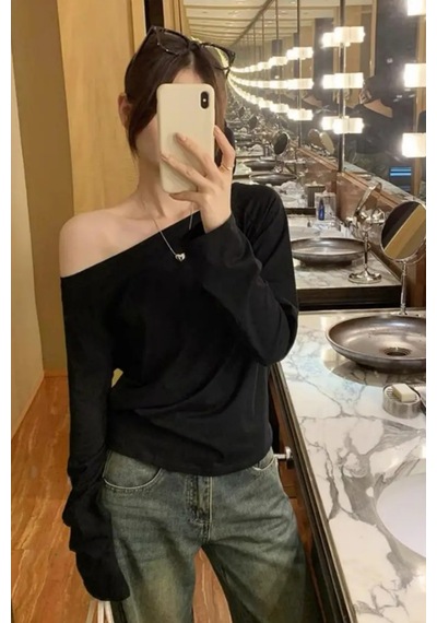 Siyah Kadın Düşük Omuz Kayık Yaka Oversize Uzun Kollu T-shirt Siyah