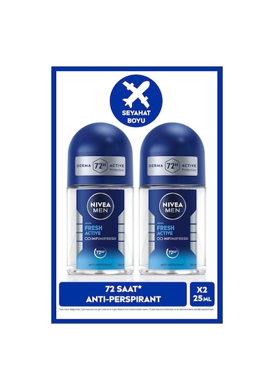 Nıvea Men Erkek Roll-on Deodorant Fresh Active 25ml, 72 Saat perspirant Koruma, Seyahat Boyu, Ter Kokusuna Karşı Koruma, Aluminyum İçermez, X2 Adet