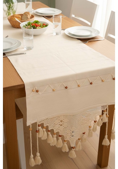 Dantel İşlemeli Boncuklu Runner 50x130 Cm Krem