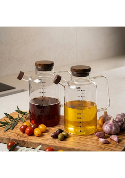 Porsima Lm-0108 Verra Kapaklı Borosilikat Cam 2li Yağlık Sirkelik Yağdanlık Seti 1000ml Şeffaf