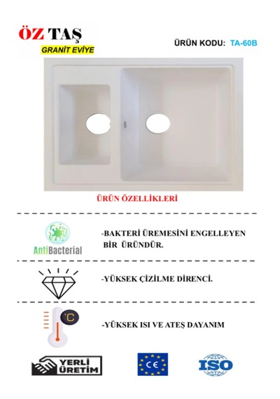 Öztaş TA-60b Granit Mutfak Eviye Beyaz Tek Gözlü 485 x 595 MM