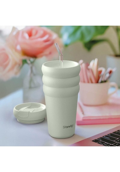 Stevig 3 Bubble Two-cap Straw Tumbler Çelik Termos 600 Mililitre Lightest Sky St-247 Çok Renkli