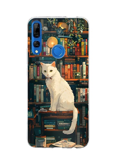 Honor 9x Uyumlu Kitaplık Beyaz Kedi Tasarımlı Baskılı Silikon Kılıf