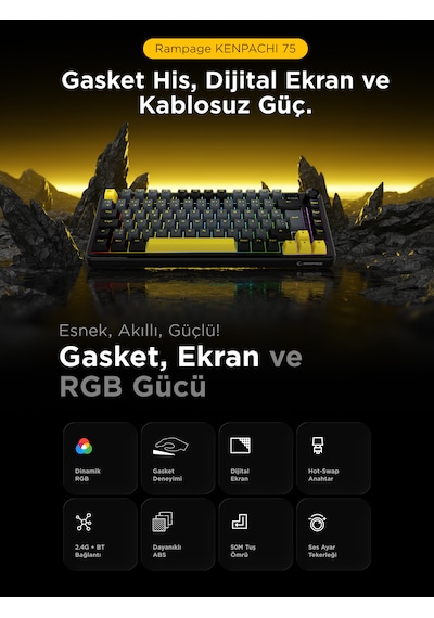 Rampage Kenpachi 75 Ekranlı 2.4g + Bt Wireless Rgb Hot Swap Gasket Oil Switch Türkçe Mekanik Oyuncu Klavyesi